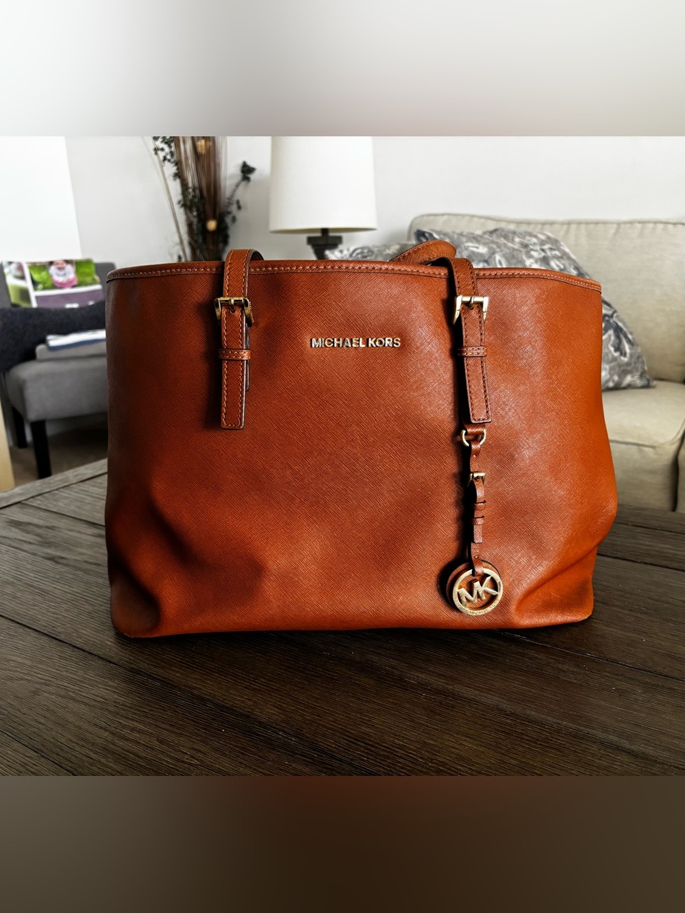Michael Kors Chestnut Brown Saffiano Leather Tote with Gold Hardware